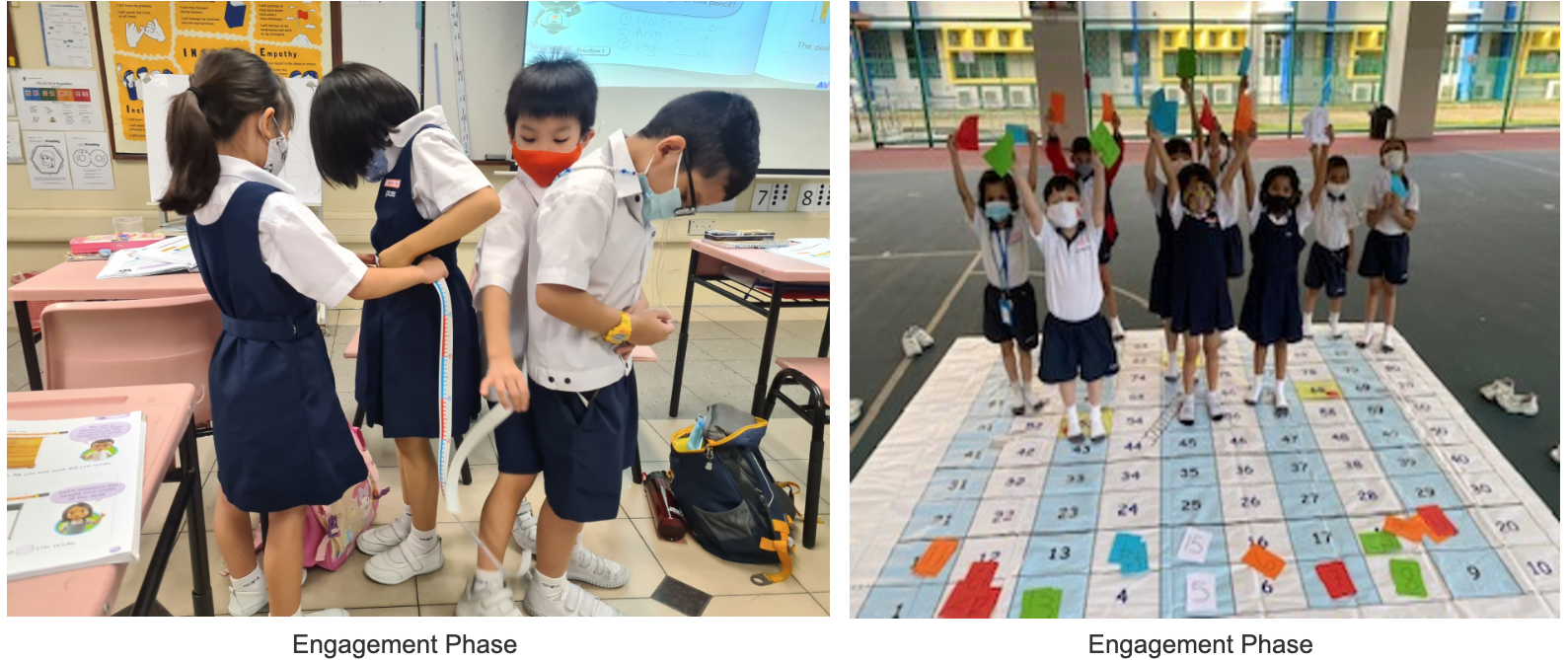 Two photos of masked school children: one measuring with a tape, another group standing on a numbered floor mat holding colored cards.